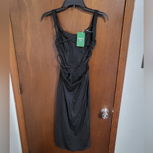 Ruched Backless Crisscross Lace Up Split Bodycon Midi Casual Dress - Picture 5 of 6